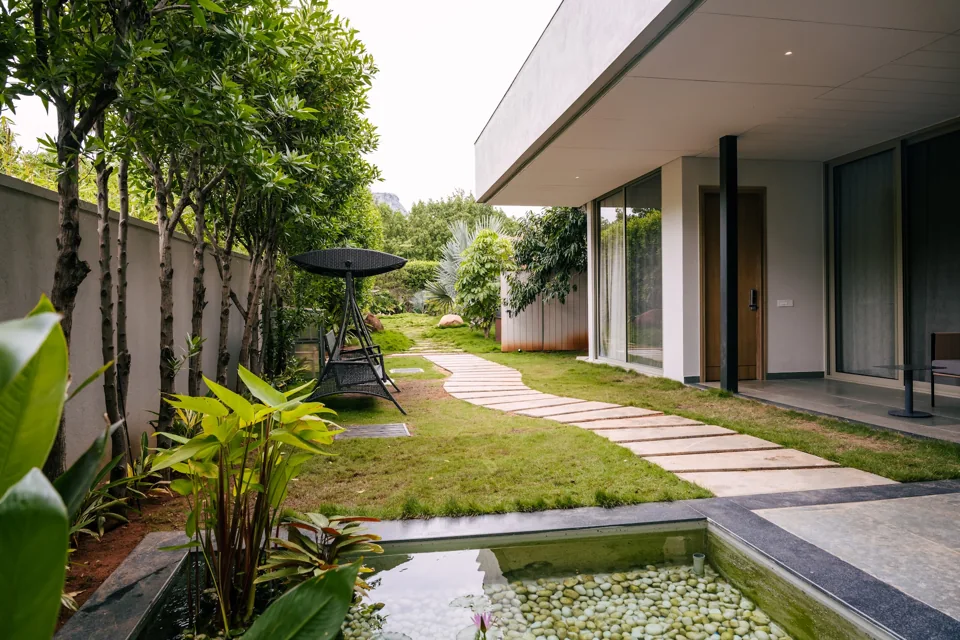 Garden and water feature beside Sanctuary Villa at ORO