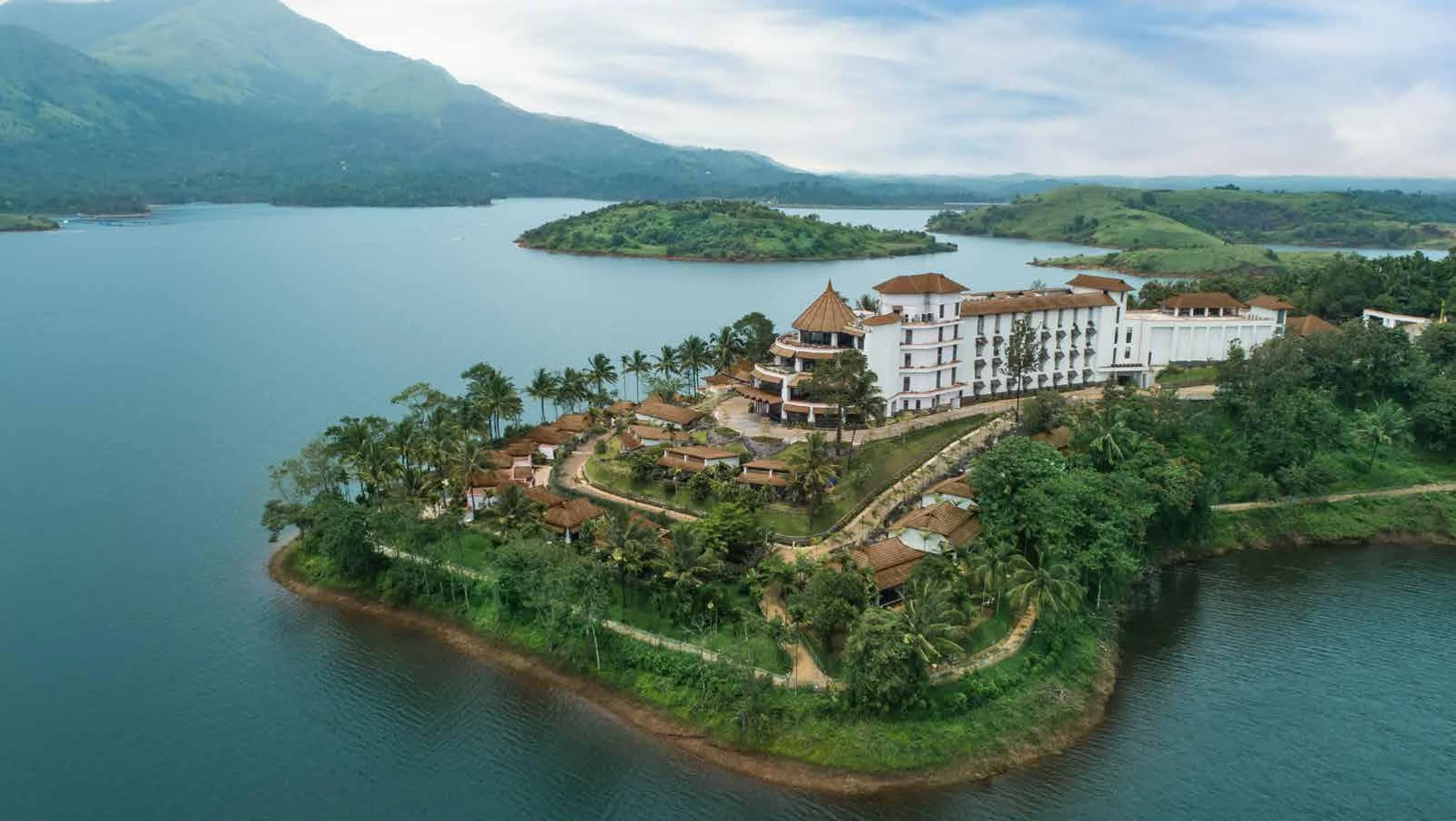 Aerial lake peninsula setting of Taj Wayanad Resort and Spa
