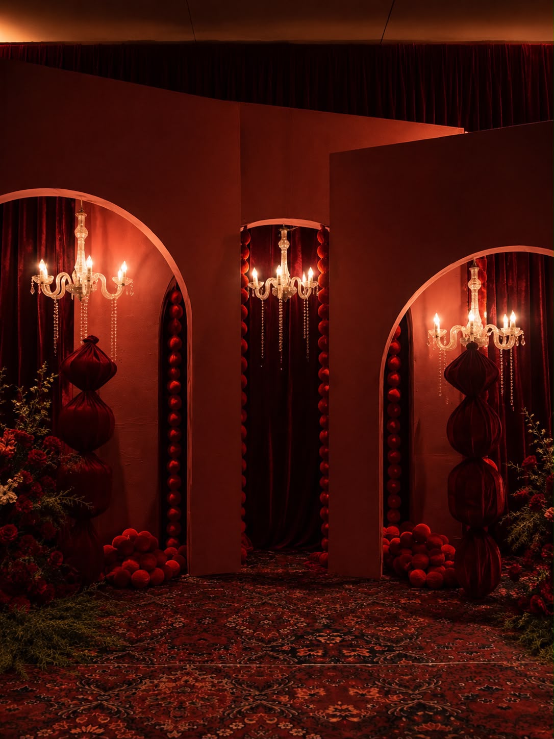 Three arched walls with crystal chandeliers, velvet columns and red sphere strings — Leela Palace Bengaluru reception decor by Panigrahana