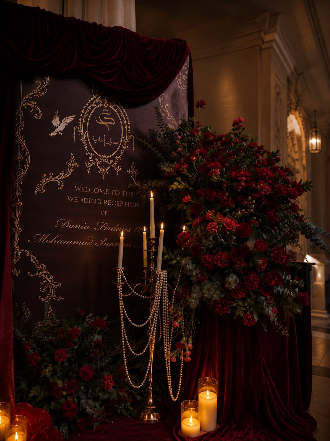 Gold calligraphy welcome board detail with pearl-strung candelabra and red florals — Leela Palace Bangalore wedding by Panigrahana
