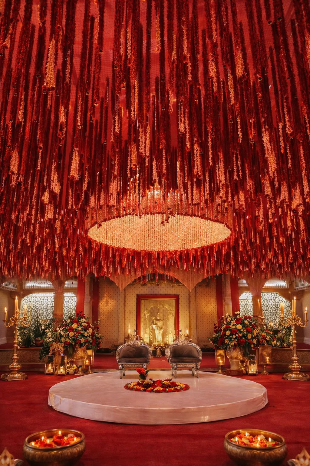 Indoor mandap under a ceiling of hanging red floral garlands forming a lit ring chandelier over a round white platform at Utsavaa