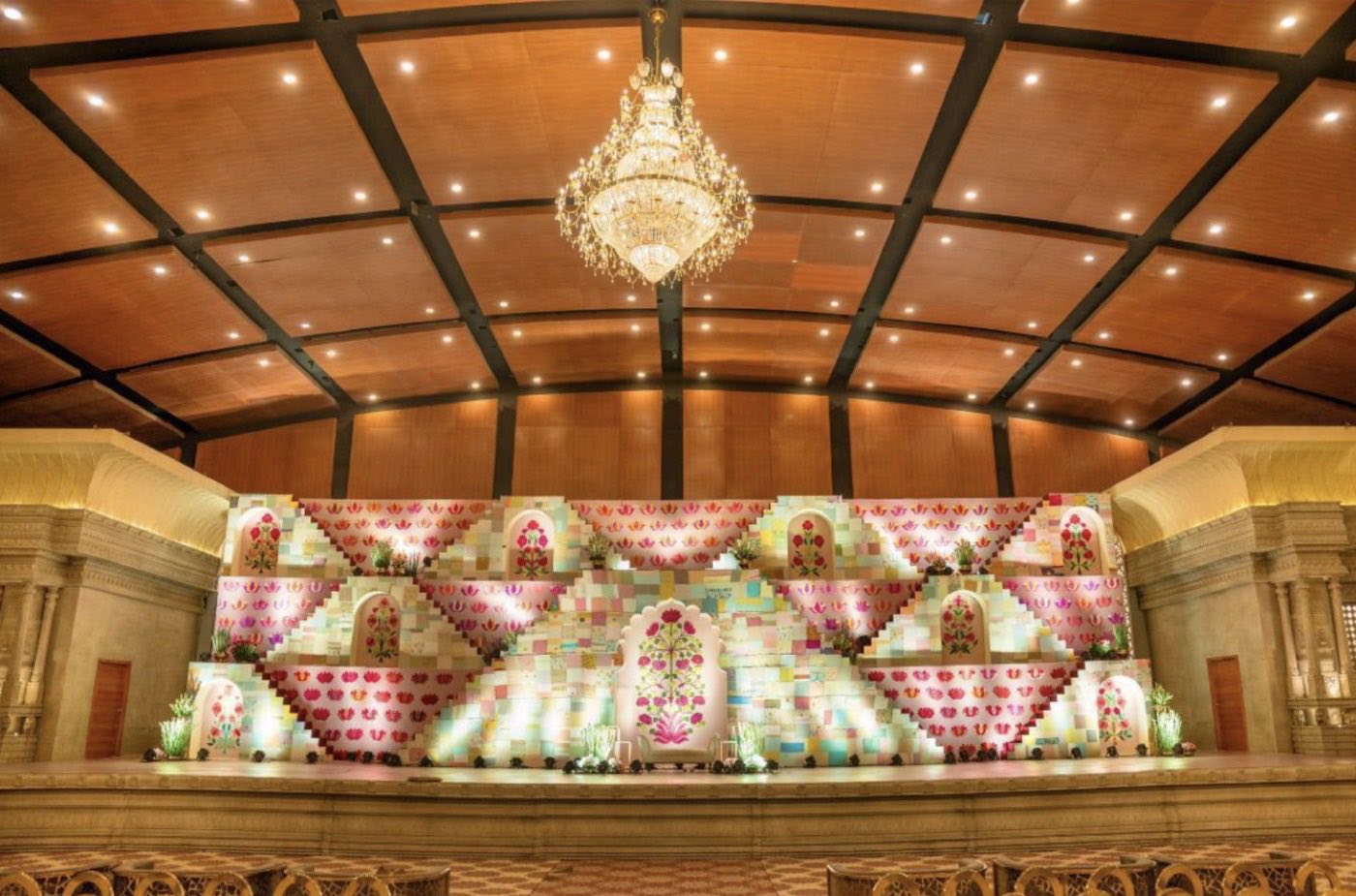 Reception stage at Mukta Hall, Chamara Vajra Bangalore built as a tiered Hampi step well in reused patchwork fabric, by Panigrahana