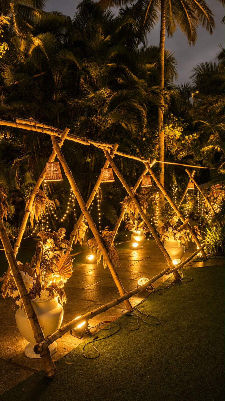 Bamboo A-frame wedding walkway with cane lampshades and fairy lights at night at Miraya Greens Bangalore