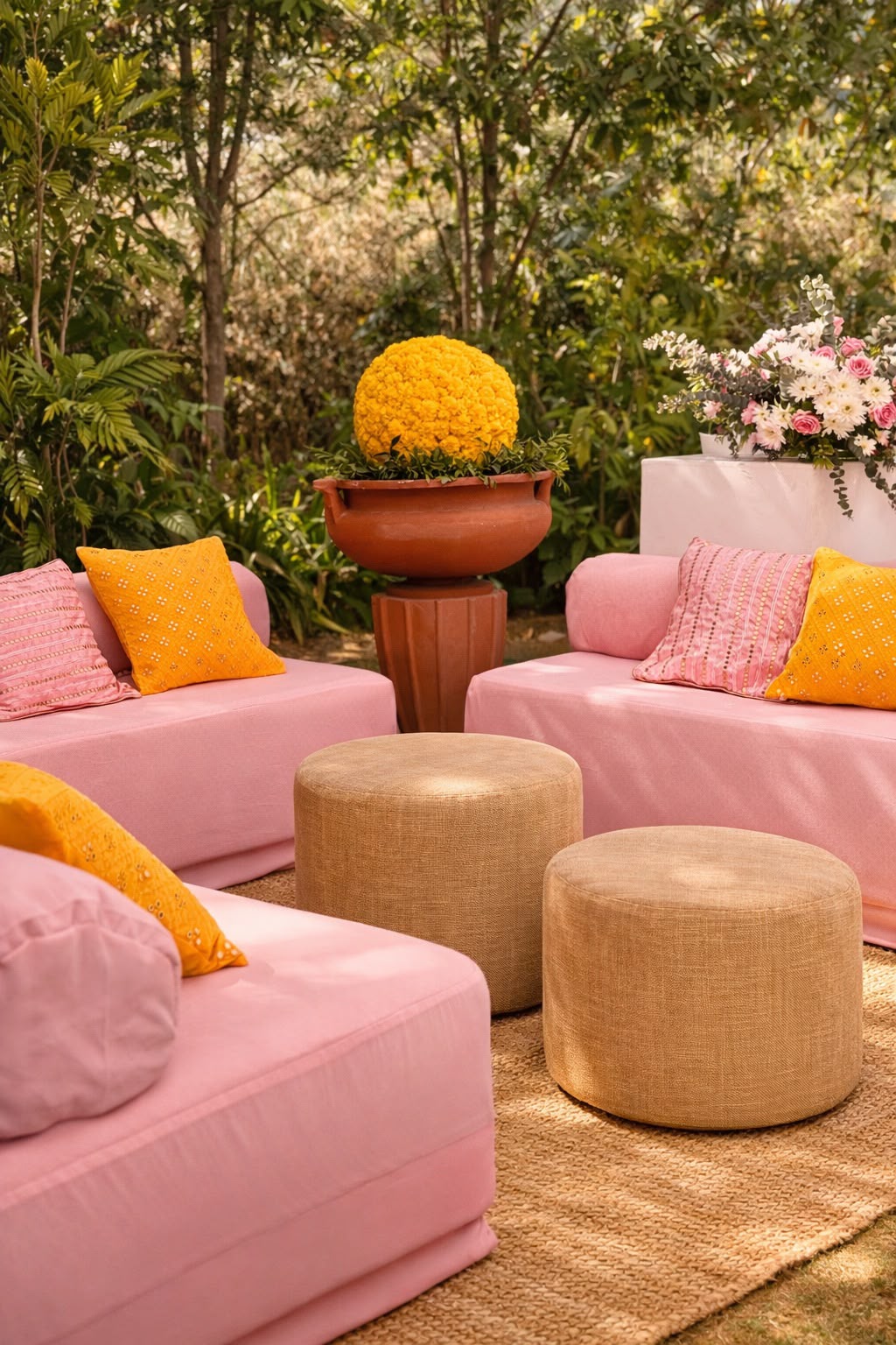 Pink and yellow haldi lounge seating with jute poufs on a woven mat under garden trees at Amita Rasa, Nandi Hills near Bangalore