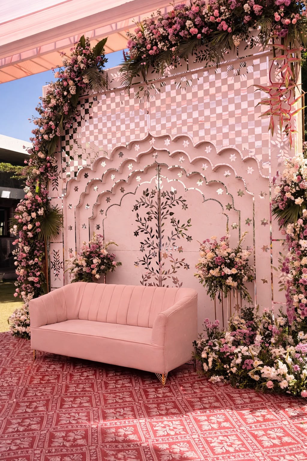 Blush pink jharokha stage with scalloped arches and mirror inlay, pink sofa and block-print carpet at Amita Rasa mehendi
