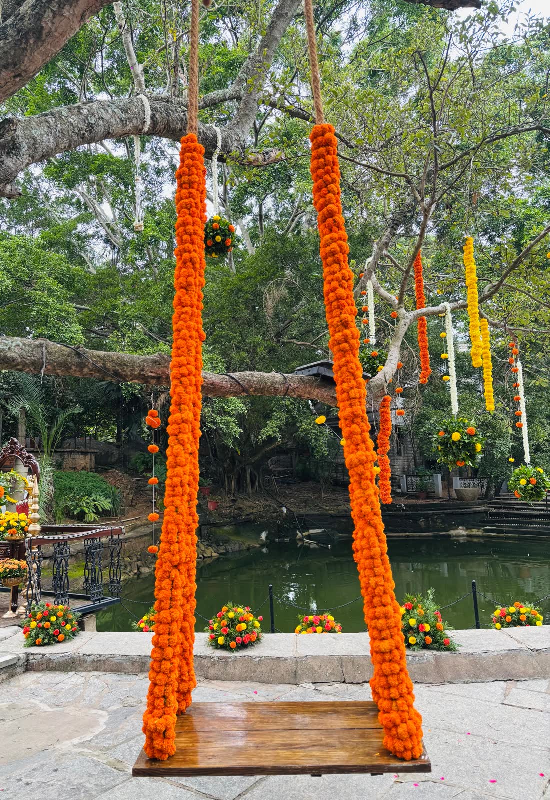 Plain teak plank swing on ropes wrapped entirely in orange marigold, hanging from the tamarind branch over the pond at The Tamarind Tree