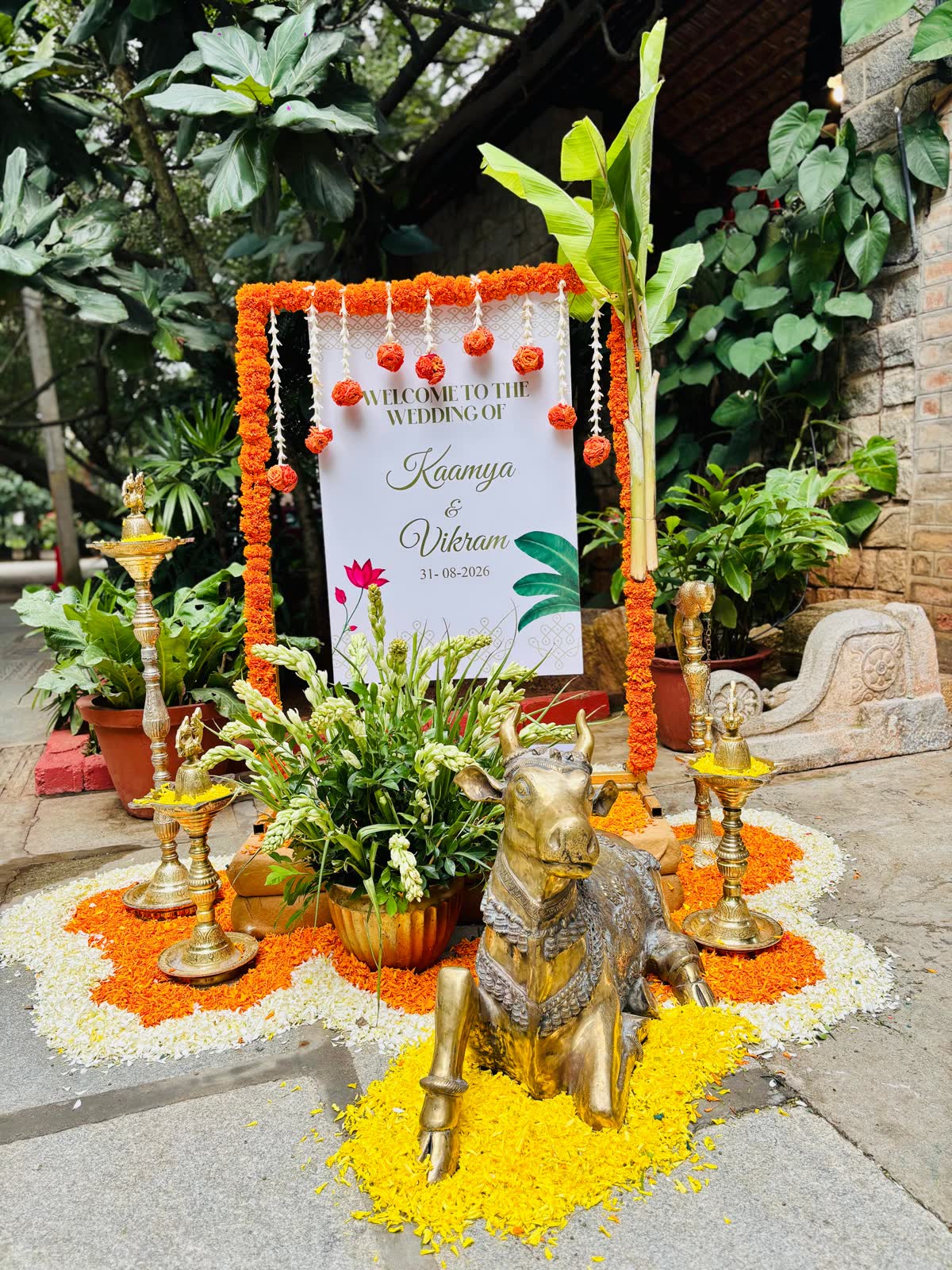 Wedding welcome board for Kaamya and Vikram framed in marigold with jasmine and rose drops, brass lamps, a brass Nandi and a petal rangoli of orange white and yellow