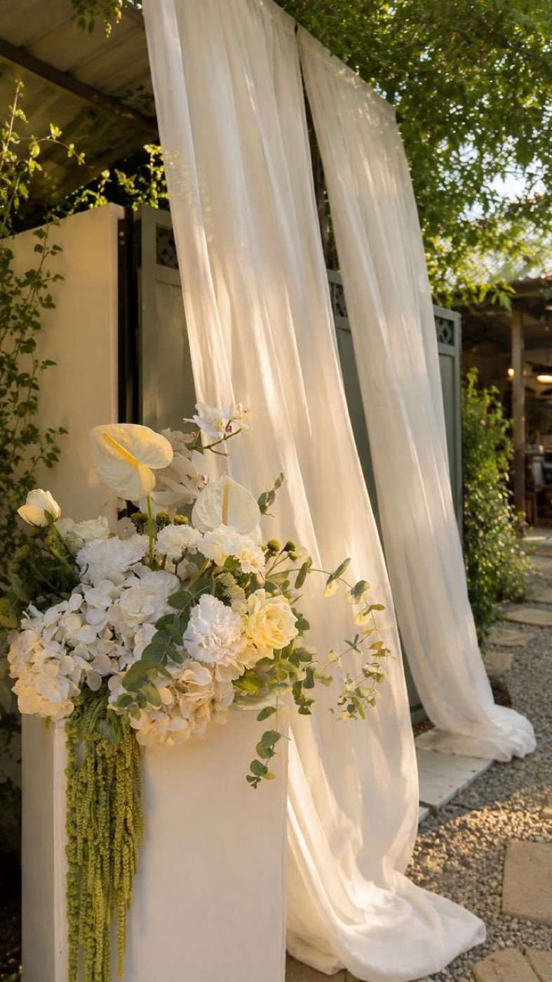 White drape falling beside a floral pedestal of hydrangea, anthurium and orchid at the garden entrance in evening light